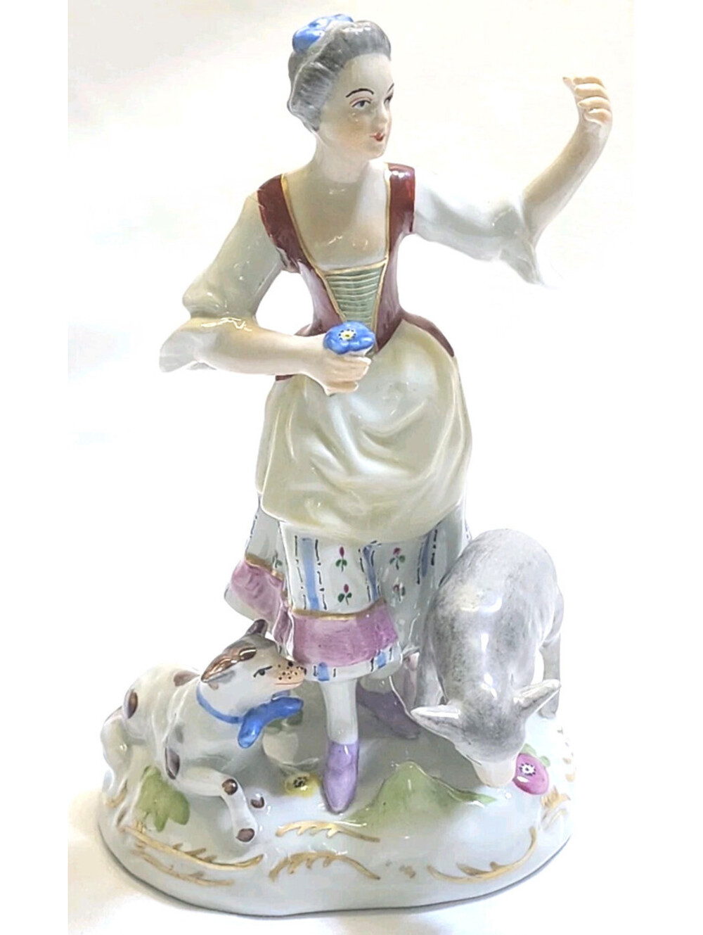 Dresden Pastoral Girl with Lamb and Dog Figurine Germany Antique